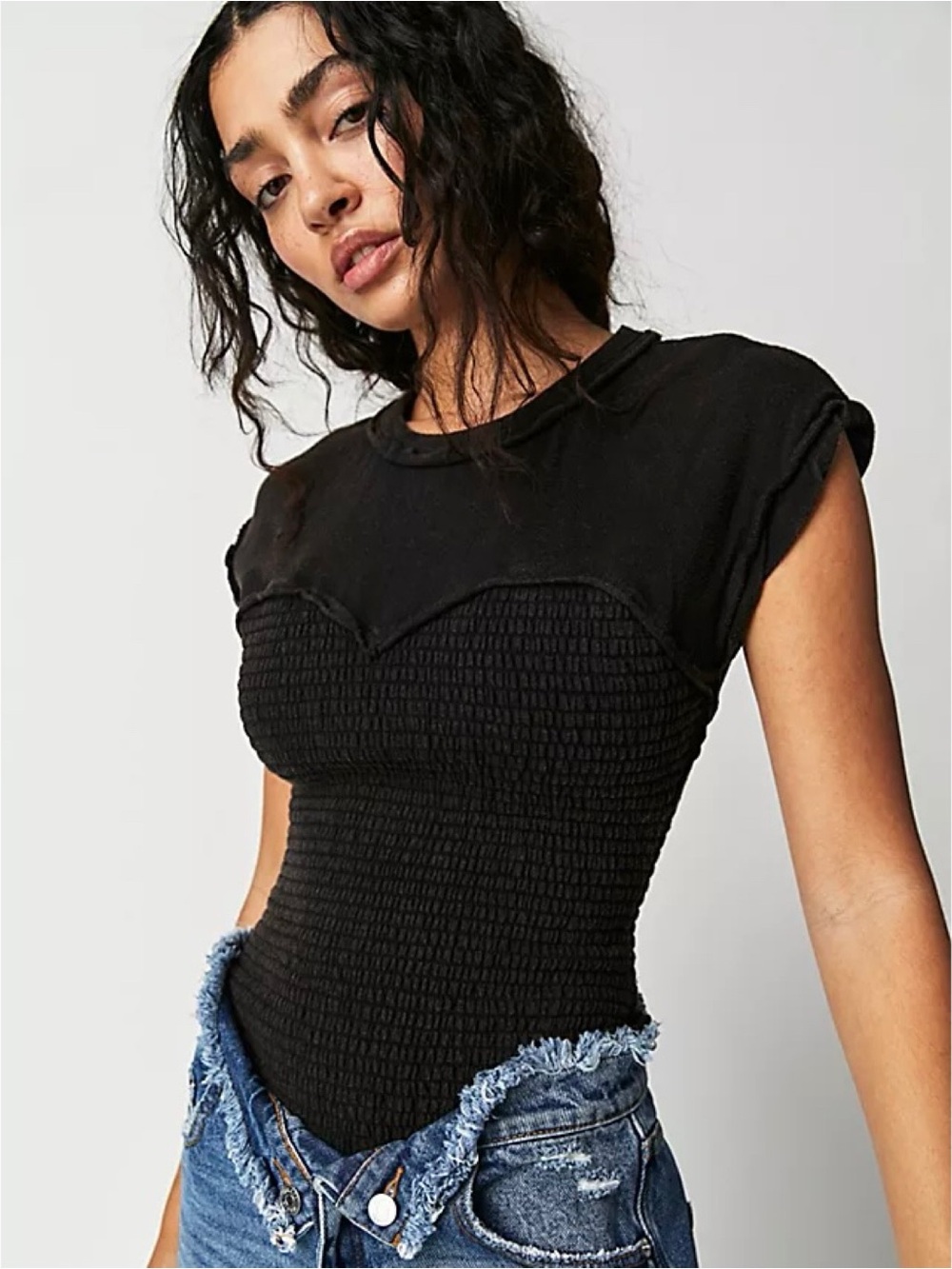 We the Free “Sweet Sport” black rolled sleeve smocked top (large)
